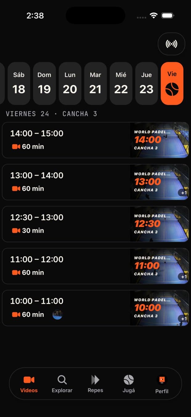 El historial de videos por día y por cancha